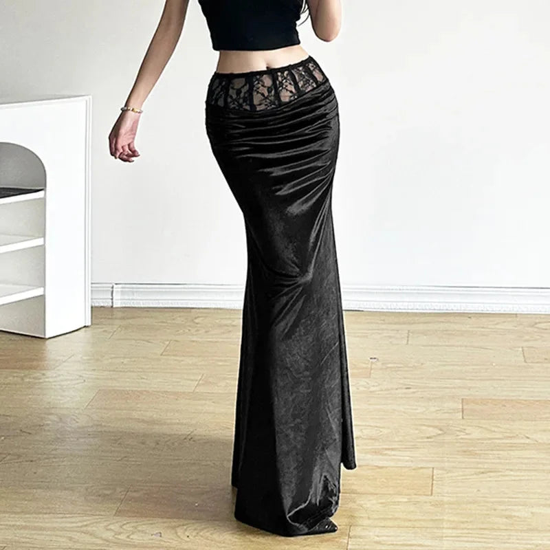Y2K Gothic Black Trumpet Long Maxi Skirt