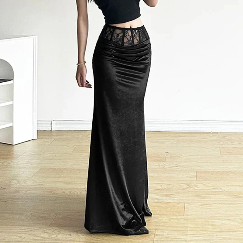 Y2K Gothic Black Trumpet Long Maxi Skirt