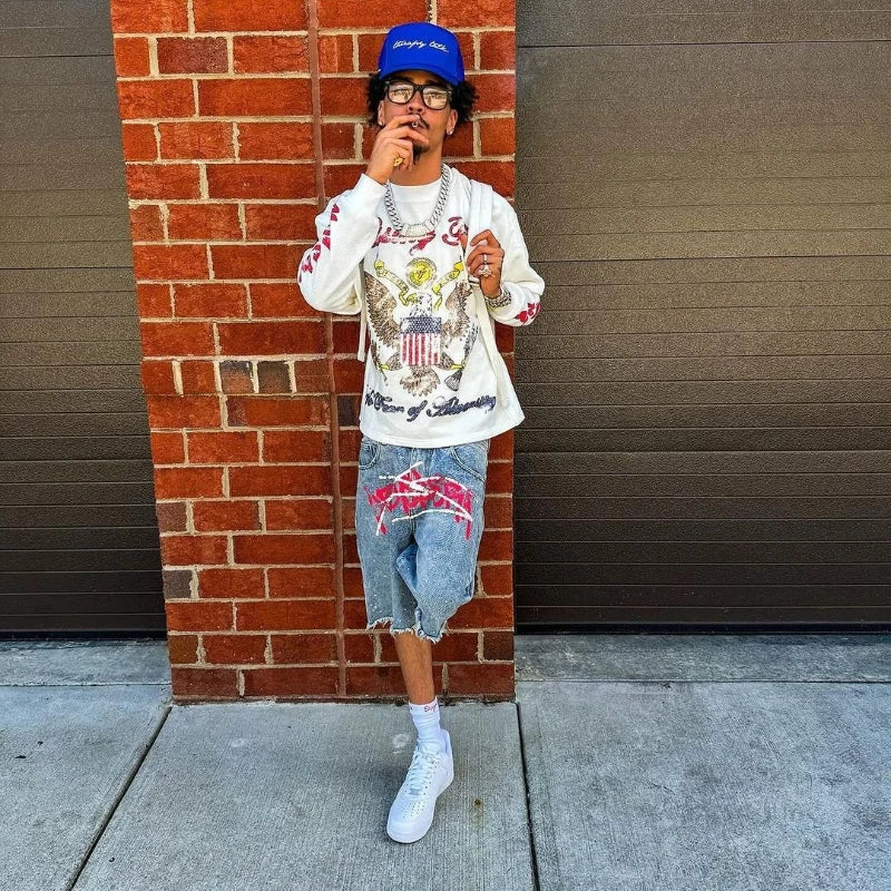 Y2K Graffiti Graphic Rhinestone Distressed Shorts Jorts