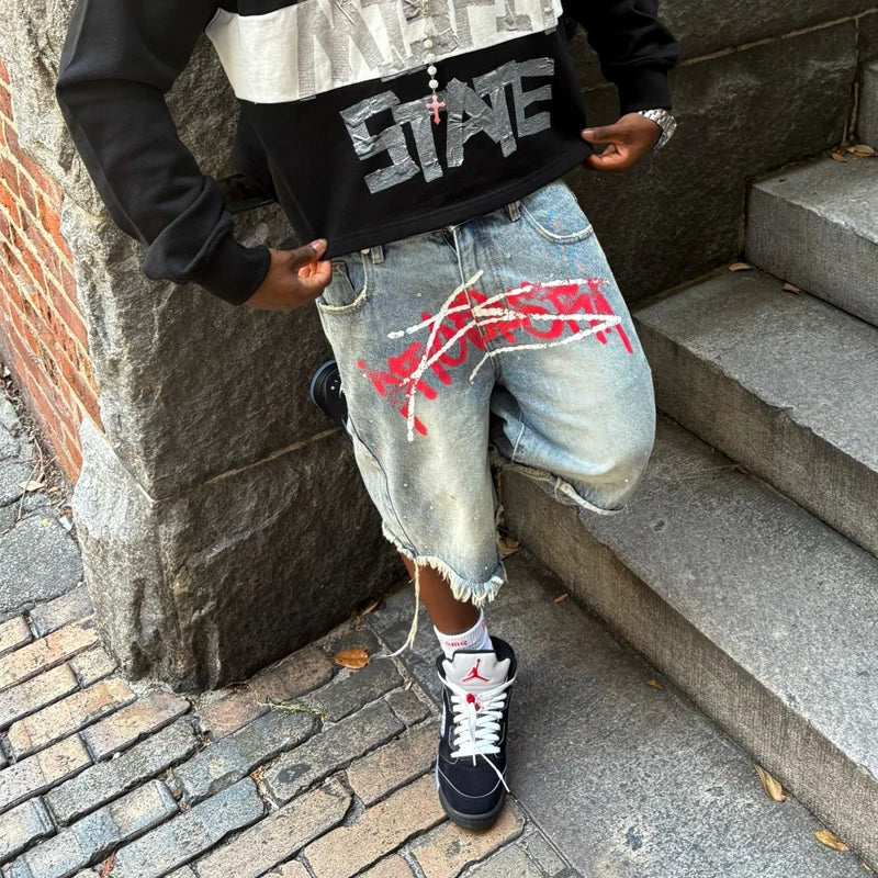 Y2K Graffiti Graphic Rhinestone Distressed Shorts Jorts