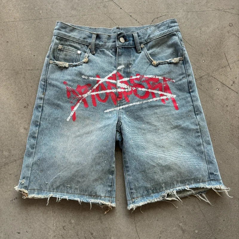 Y2K Graffiti Graphic Rhinestone Distressed Shorts Jorts
