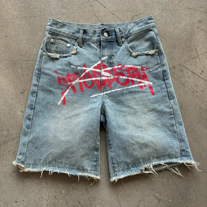 Y2K Graffiti Graphic Rhinestone Distressed Shorts Jorts