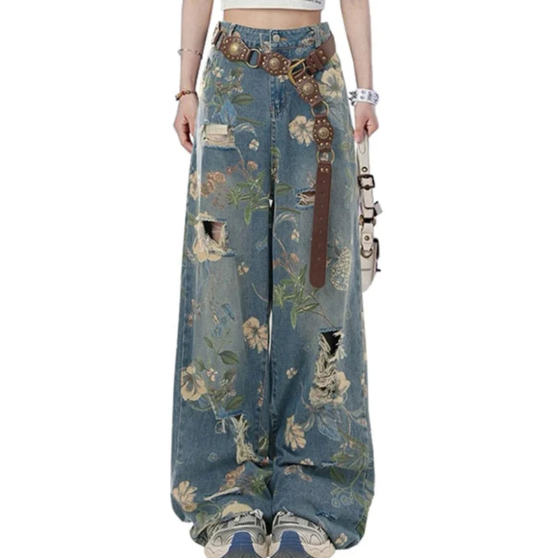 Y2K Graphic Floral Print Distressed Baggy Jeans