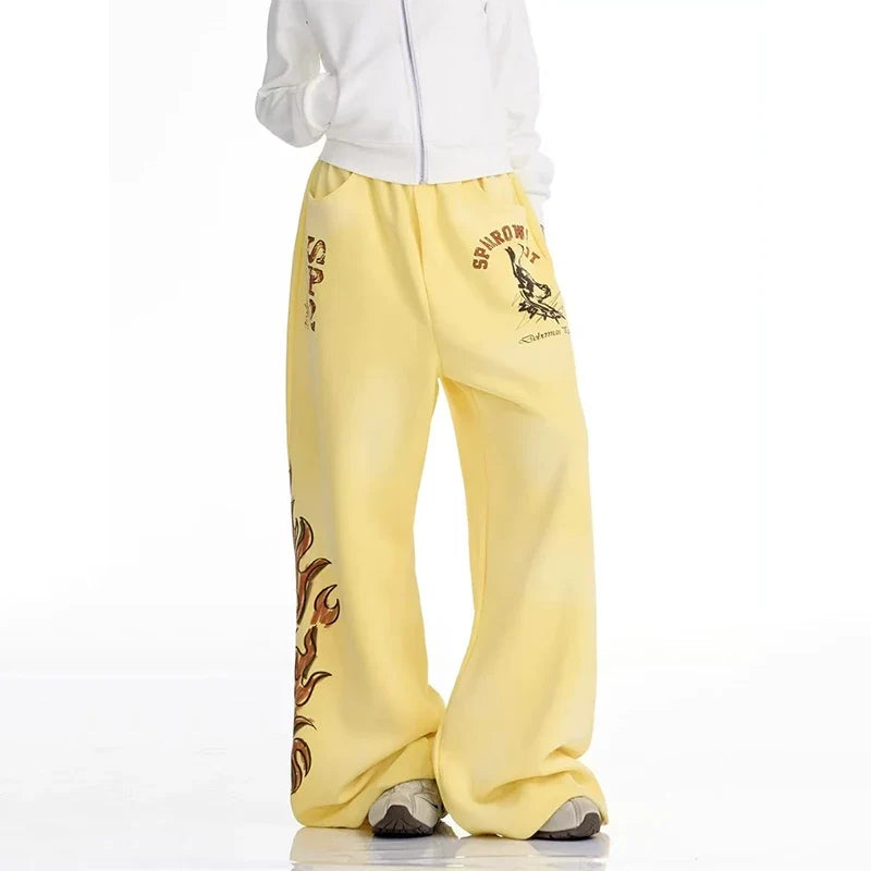 Y2K Graphic Wide Leg Yellow Sweatpants Joggers Trousers