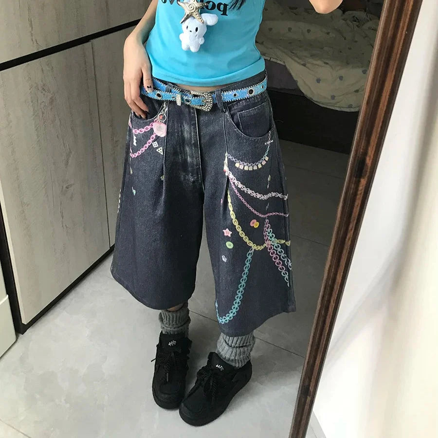 Y2K Graphic Womens Wide Leg Denim Shorts Jorts