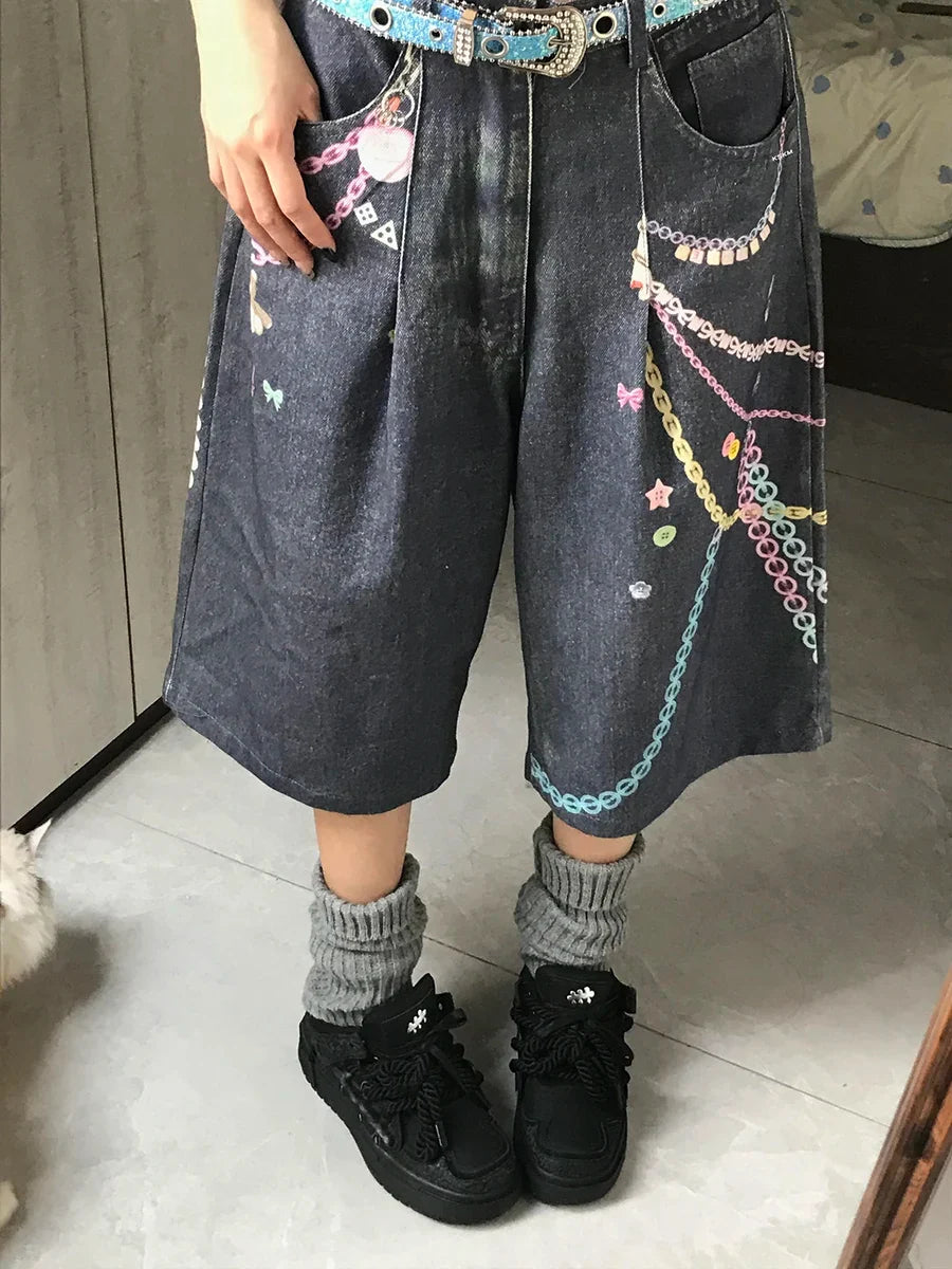Y2K Graphic Womens Wide Leg Denim Shorts Jorts