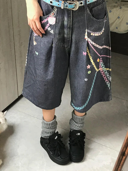 Y2K Graphic Womens Wide Leg Denim Shorts Jorts