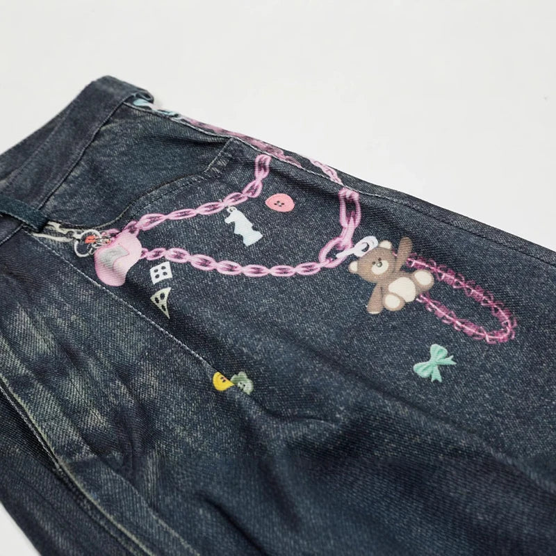 Y2K Graphic Womens Wide Leg Denim Shorts Jorts