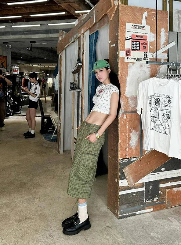 Y2K Green Plaid Print High Waist Cargo Denim Shorts Jorts
