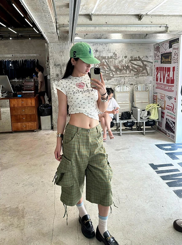 Y2K Green Plaid Print High Waist Cargo Denim Shorts Jorts