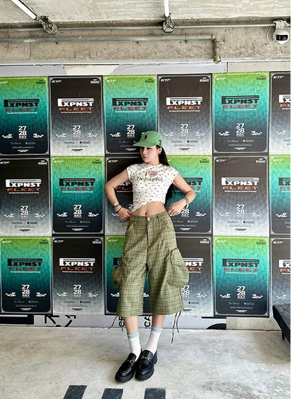 Y2K Green Plaid Print High Waist Cargo Denim Shorts Jorts