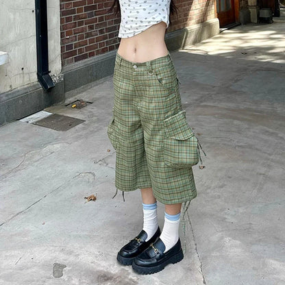 Y2K Green Plaid Print High Waist Cargo Denim Shorts Jorts