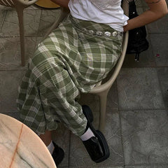 Y2K Green Striped Plaid Midi Skirt