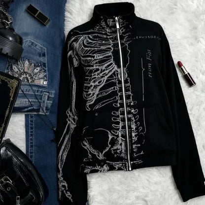 Y2K Grunge Skeleton Print Graphic Zip Up Jacket