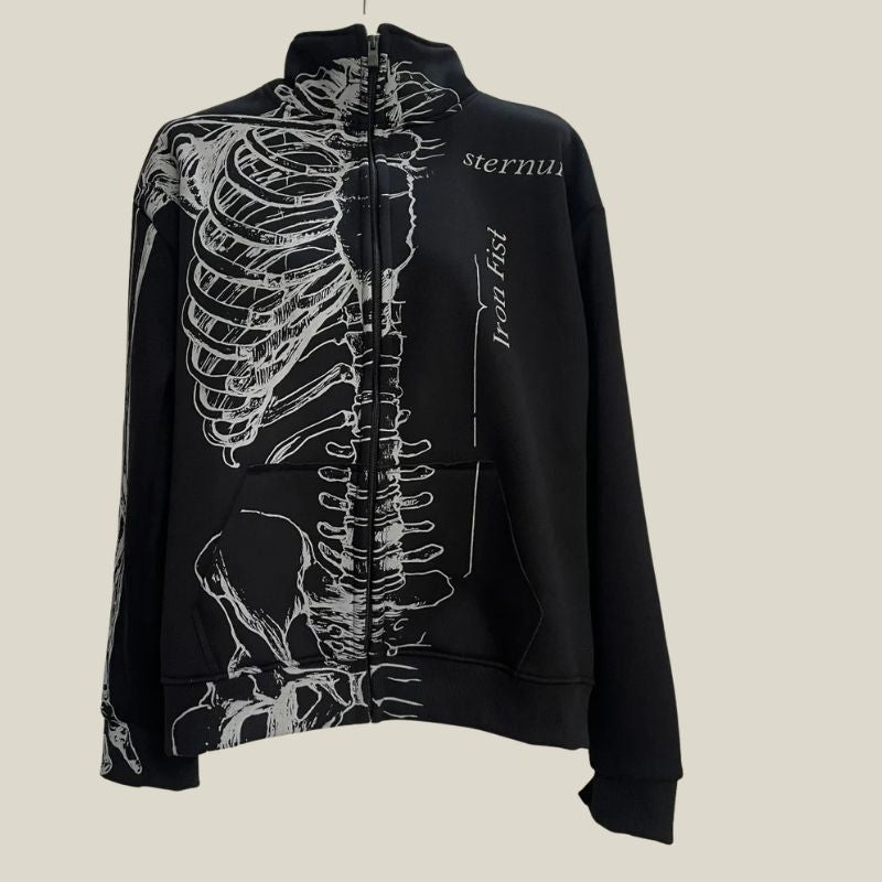 Y2K Grunge Skeleton Print Graphic Zip Up Jacket