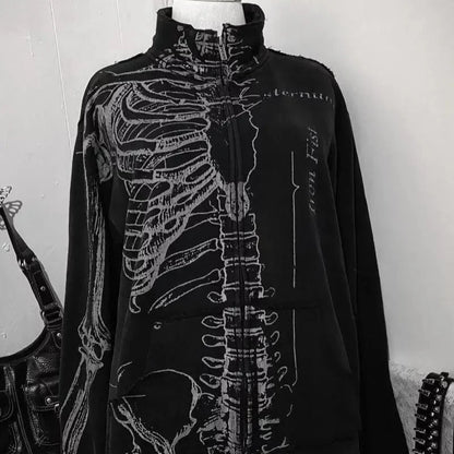 Y2K Grunge Skeleton Print Graphic Zip Up Jacket