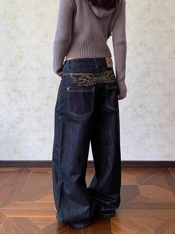 Y2K Grunge Wings Embroidered Graphic Baggy Low Rise Jeans