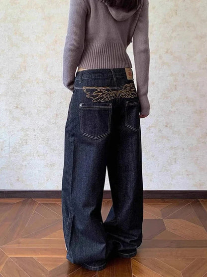 Y2K Grunge Wings Embroidered Graphic Baggy Low Rise Jeans