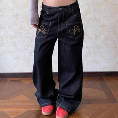 Y2K Grunge Wings Embroidered Graphic Baggy Low Rise Jeans