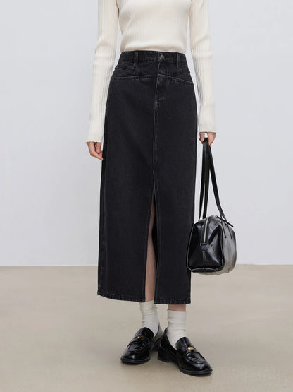 Y2K High Waist Black Denim A-line Split Maxi Skirt