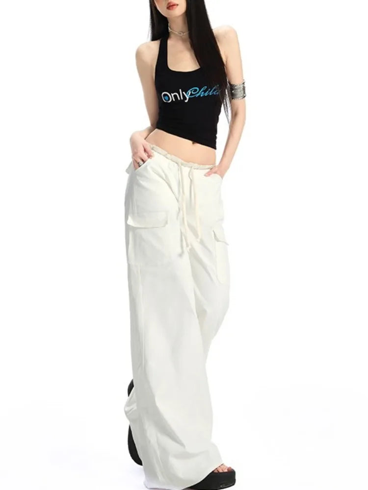 Y2K High Waist Wide Leg Drawstring Cargo Trousers