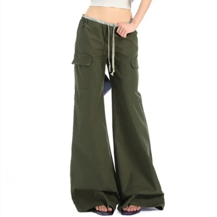 Y2K High Waist Wide Leg Drawstring Cargo Trousers