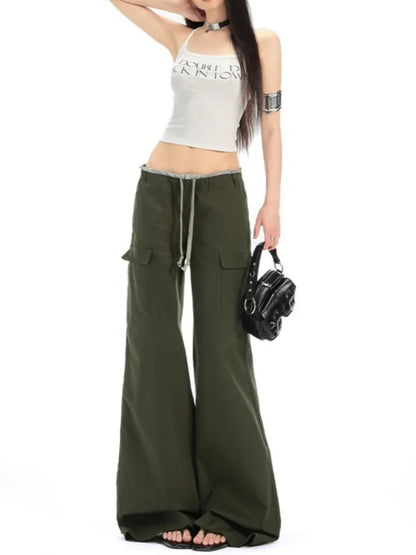Y2K High Waist Wide Leg Drawstring Cargo Trousers