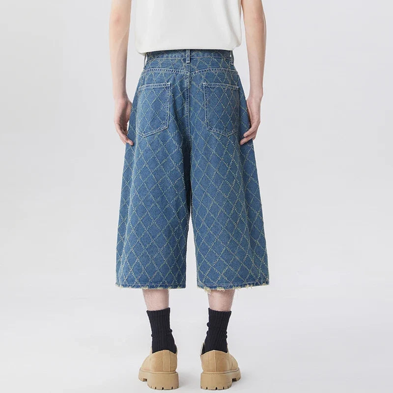 Y2K High Waisted Mens Diamond Pattern Denim Shorts Jorts