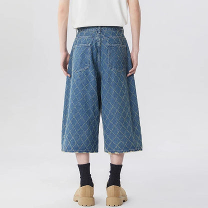 Y2K High Waisted Mens Diamond Pattern Denim Shorts Jorts
