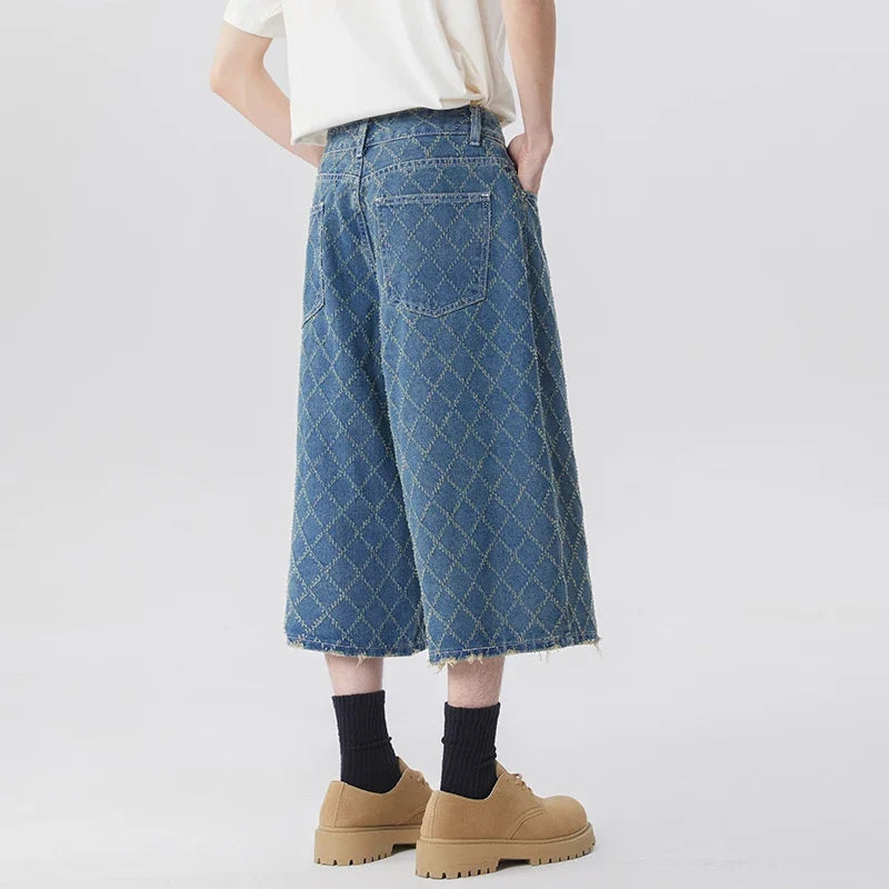 Y2K High Waisted Mens Diamond Pattern Denim Shorts Jorts