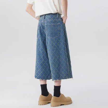 Y2K High Waisted Mens Diamond Pattern Denim Shorts Jorts