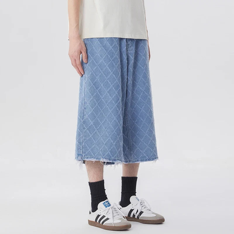 Y2K High Waisted Mens Diamond Pattern Denim Shorts Jorts