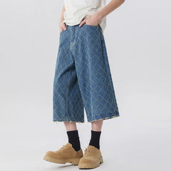 Y2K High Waisted Mens Diamond Pattern Denim Shorts Jorts
