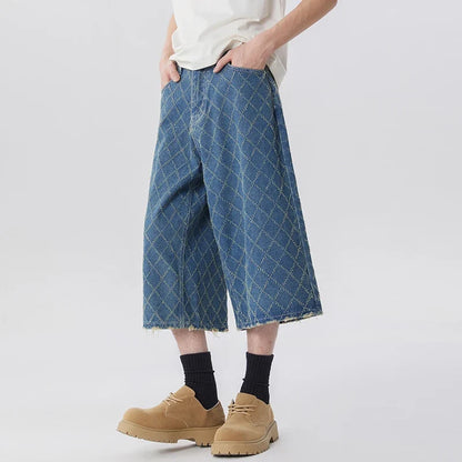 Y2K High Waisted Mens Diamond Pattern Denim Shorts Jorts