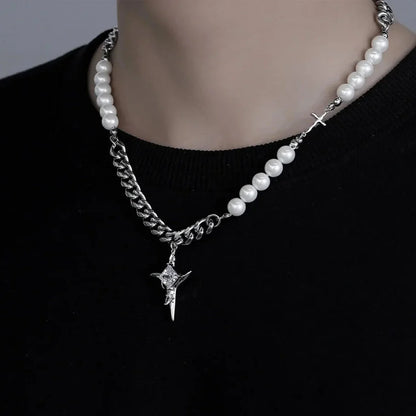 Y2K Imitation Pearl Cross Pendant Necklace