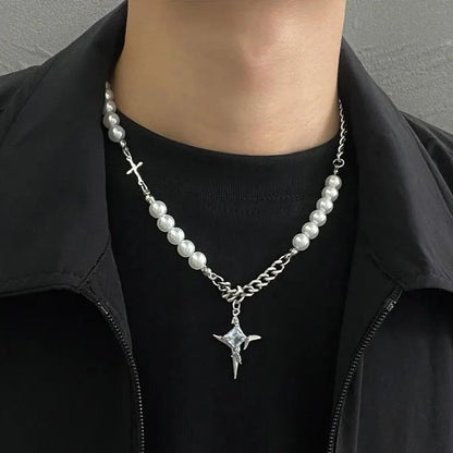 Y2K Imitation Pearl Cross Pendant Necklace