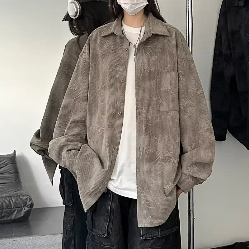 Y2K Jacquard Corduroy Long Sleeve Button Down Shirt