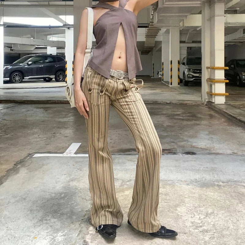 Y2K Khaki Striped Boot Cut Flare Jeans