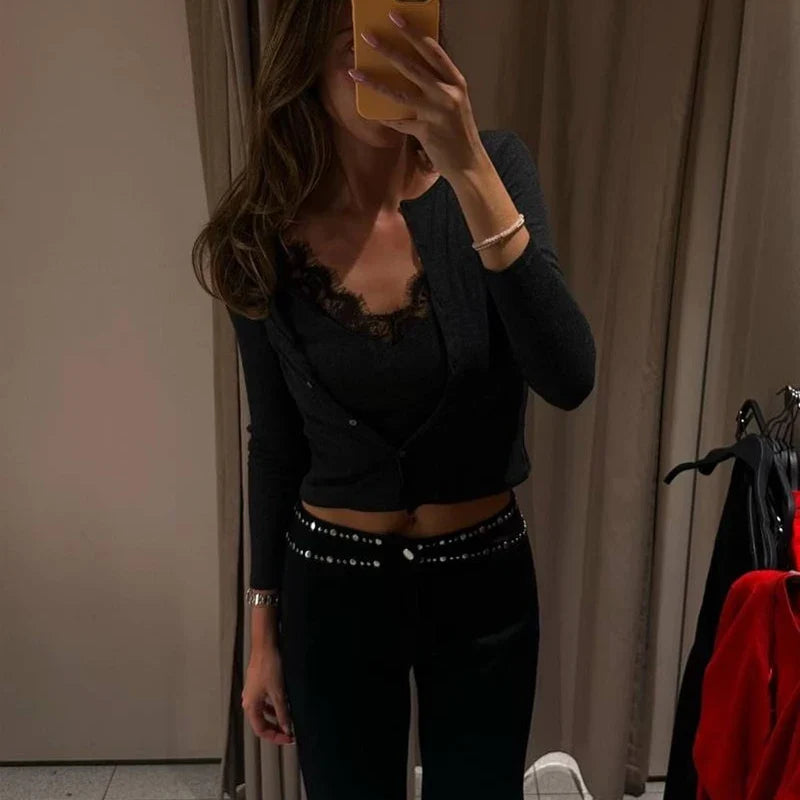 Y2K Lace Cropped Low Cut Cardigan Top