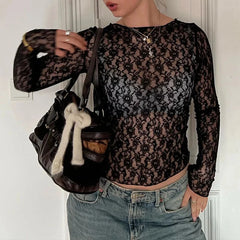 Y2K Lacey Sheer Womens Long Sleeve Top