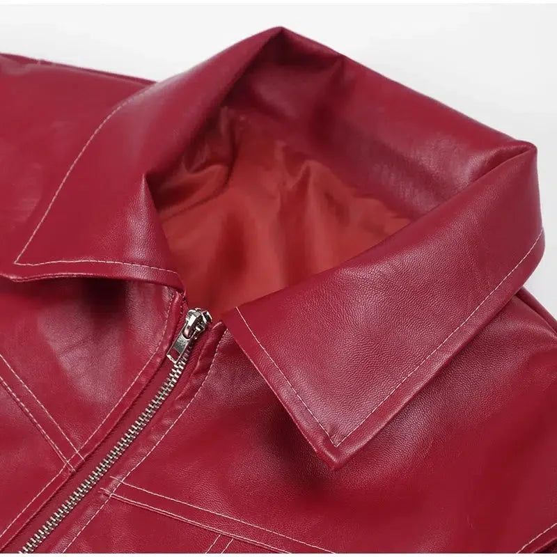 Y2K Leather Bomber Jacket Red