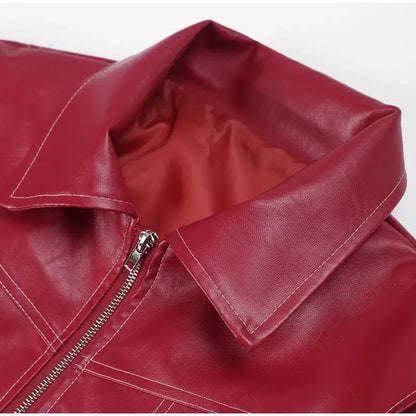 Y2K Leather Bomber Jacket Red