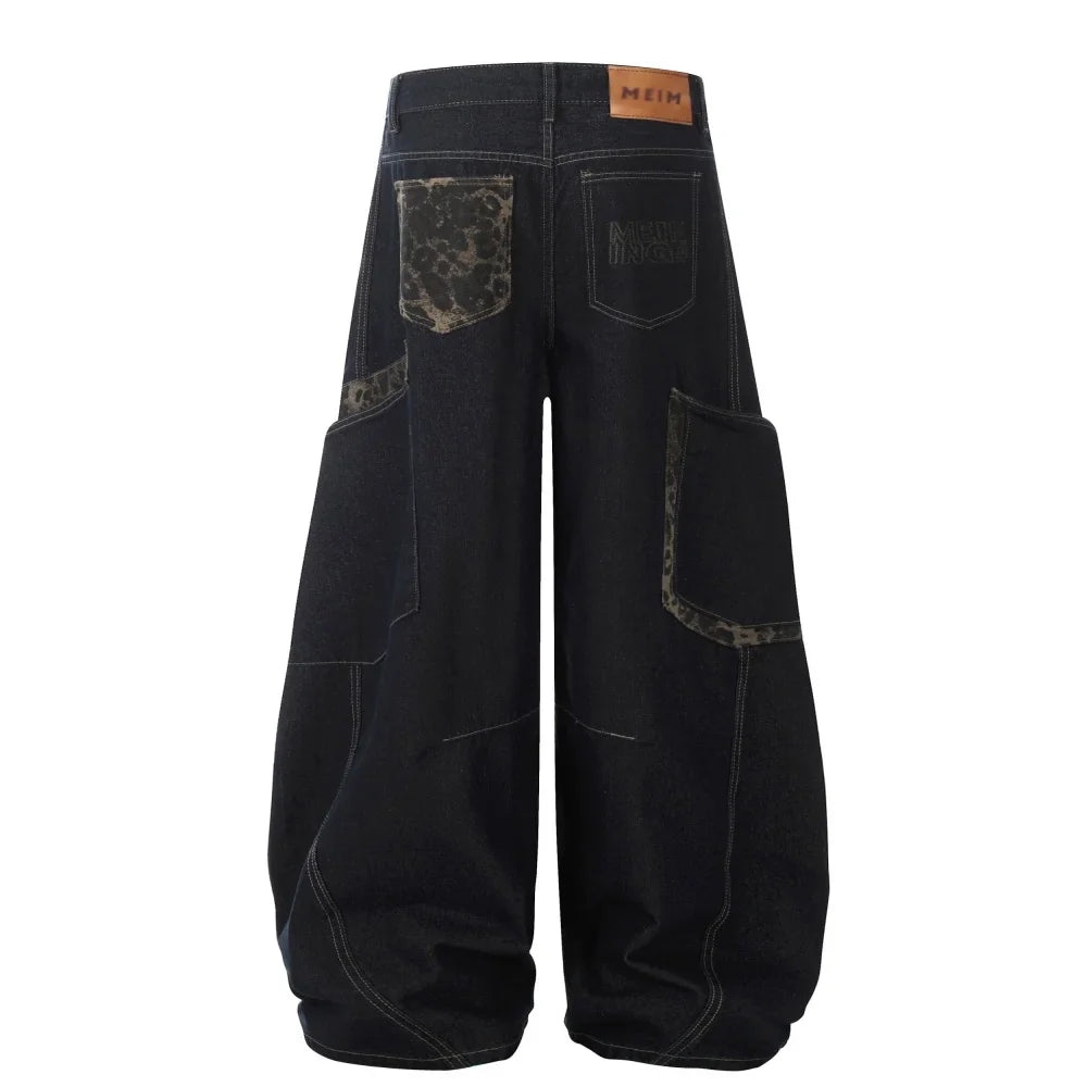 Y2K Leopard Patchwork Pocket Baggy Denim Curved Barrel Jeans