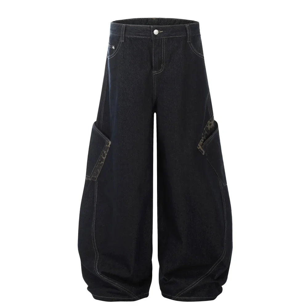Y2K Leopard Patchwork Pocket Baggy Denim Curved Barrel Jeans