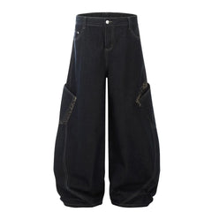 Y2K Leopard Patchwork Pocket Baggy Denim Curved Barrel Jeans