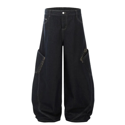 Y2K Leopard Patchwork Pocket Baggy Denim Curved Barrel Jeans