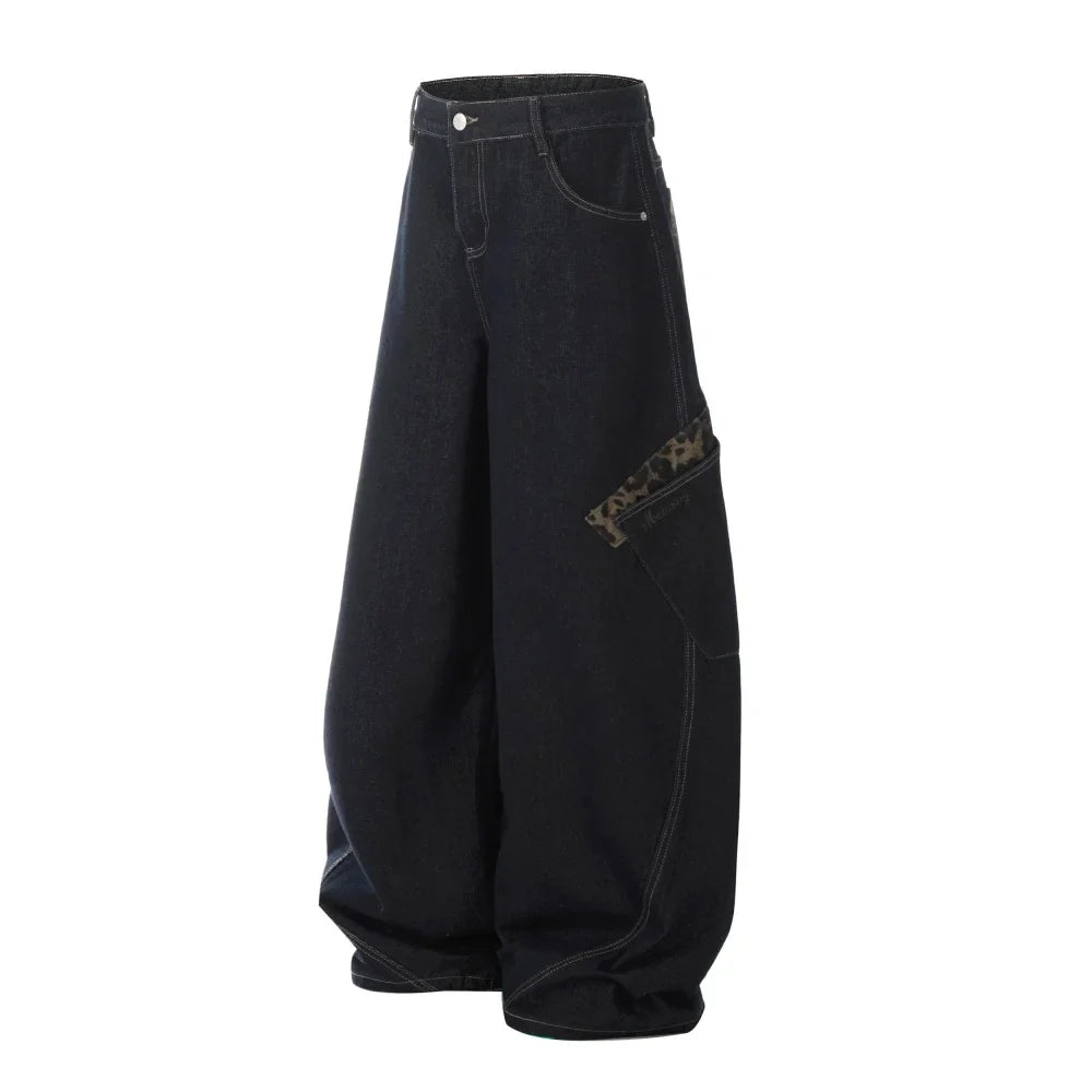 Y2K Leopard Patchwork Pocket Baggy Denim Curved Barrel Jeans