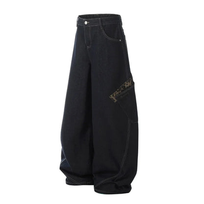 Y2K Leopard Patchwork Pocket Baggy Denim Curved Barrel Jeans