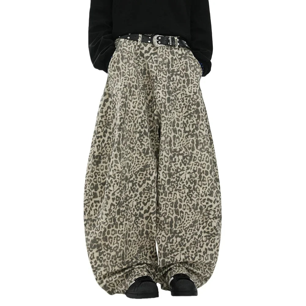 Y2K Leopard Print Baggy Denim Curved Barrel Jeans