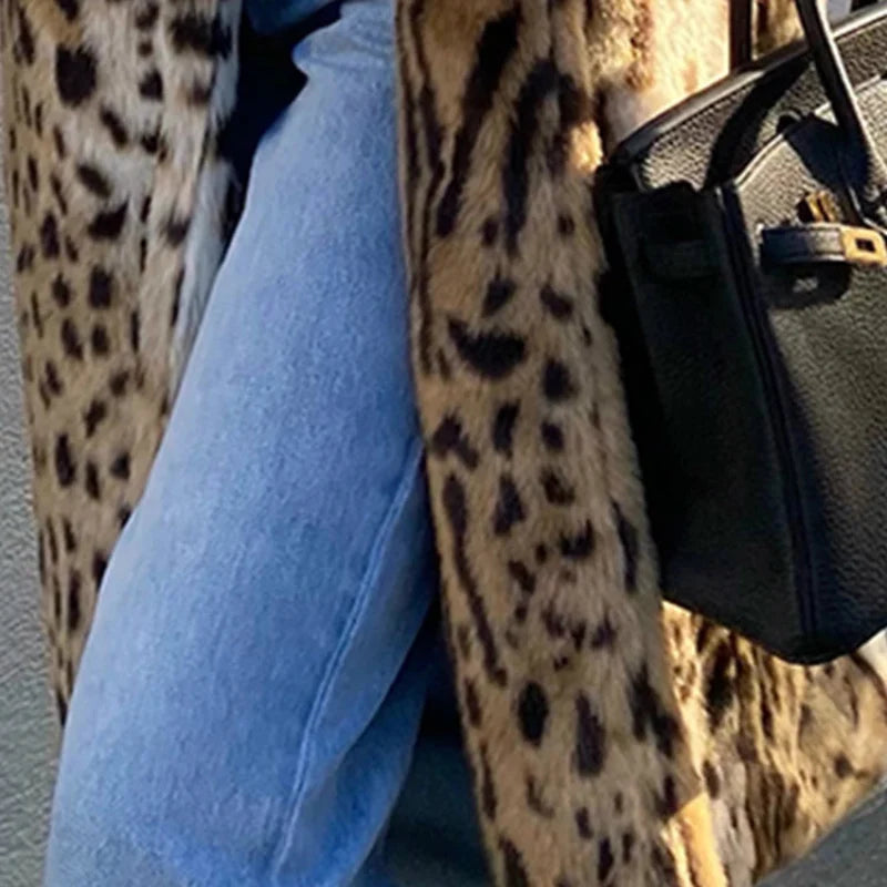 Y2K Leopard Print Faux Fur Long Coat